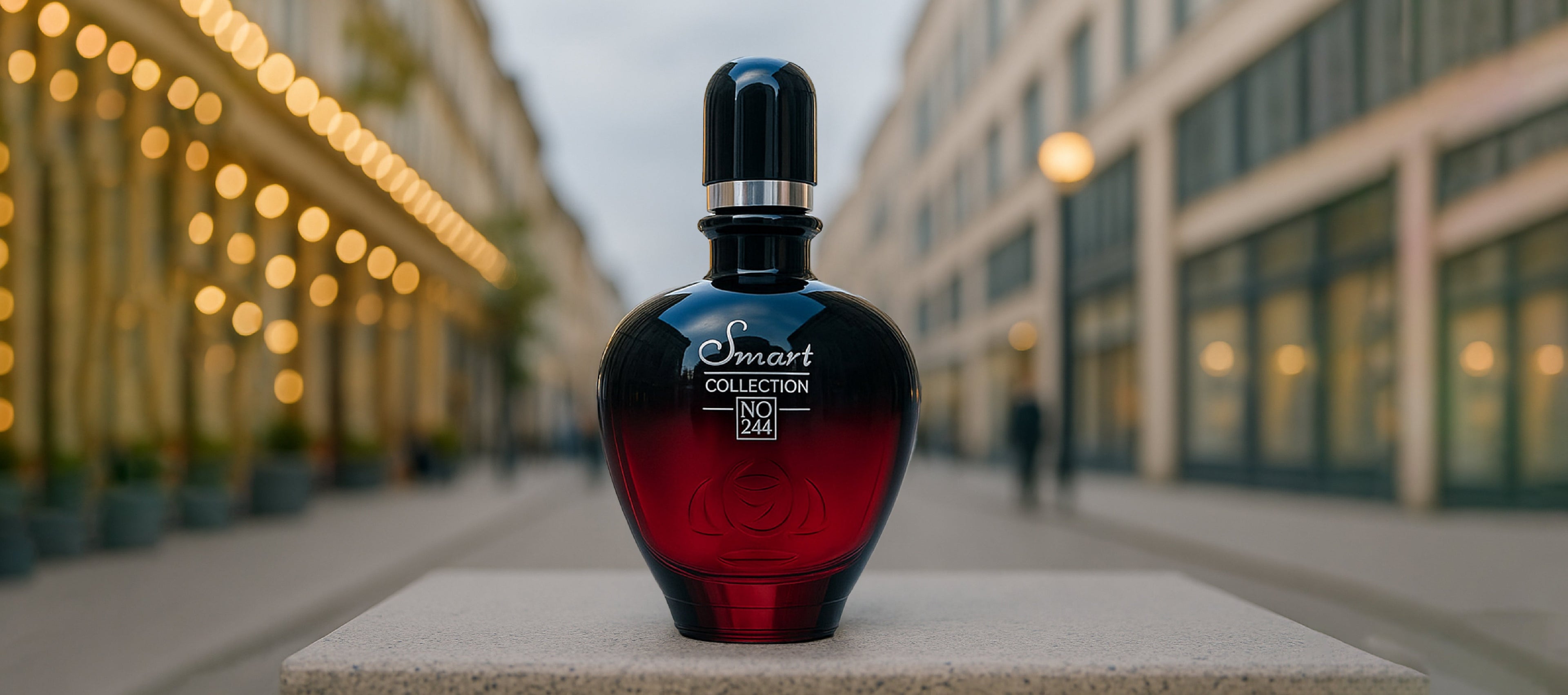 Red perfume bottle labeled 'Smart Collection No. 449' on a dark background