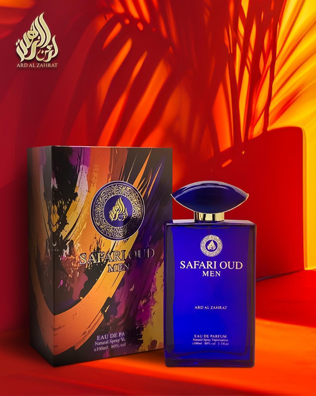 Safari Oud Men perfume bottle and packaging on a red and orange background
