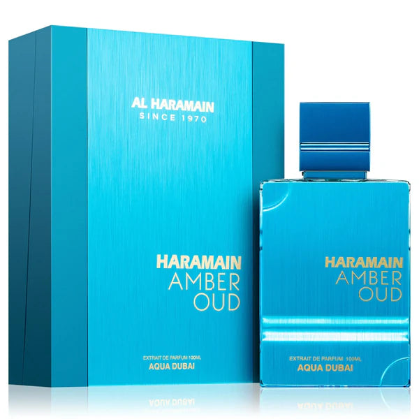 Blue Haramain Amber Oud perfume bottle and packaging on a white background