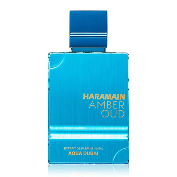 Blue perfume bottle with 'Haramain Amber Oud' text on a white background