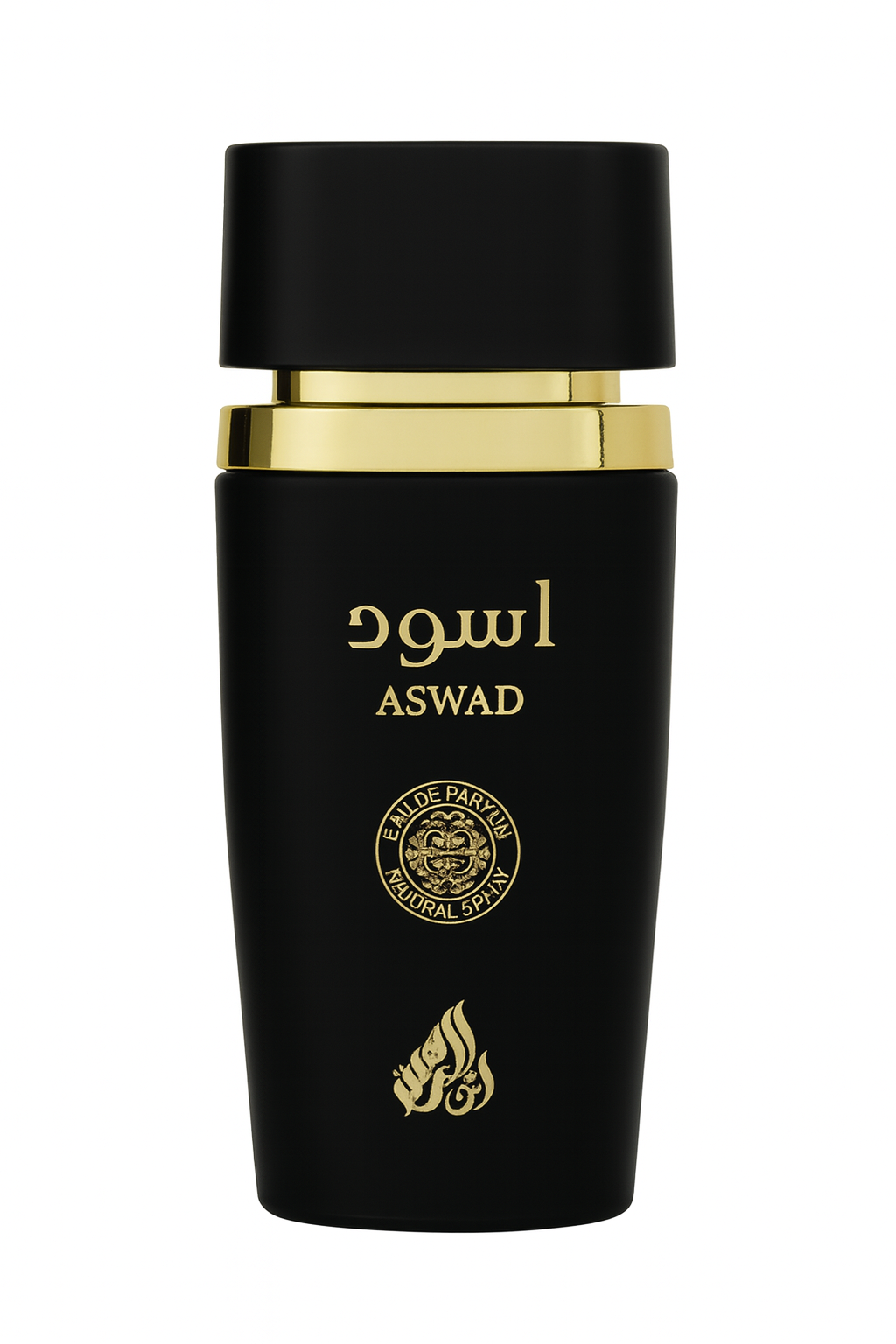 Black and gold perfume bottle labeled 'ASWAD' on a white background