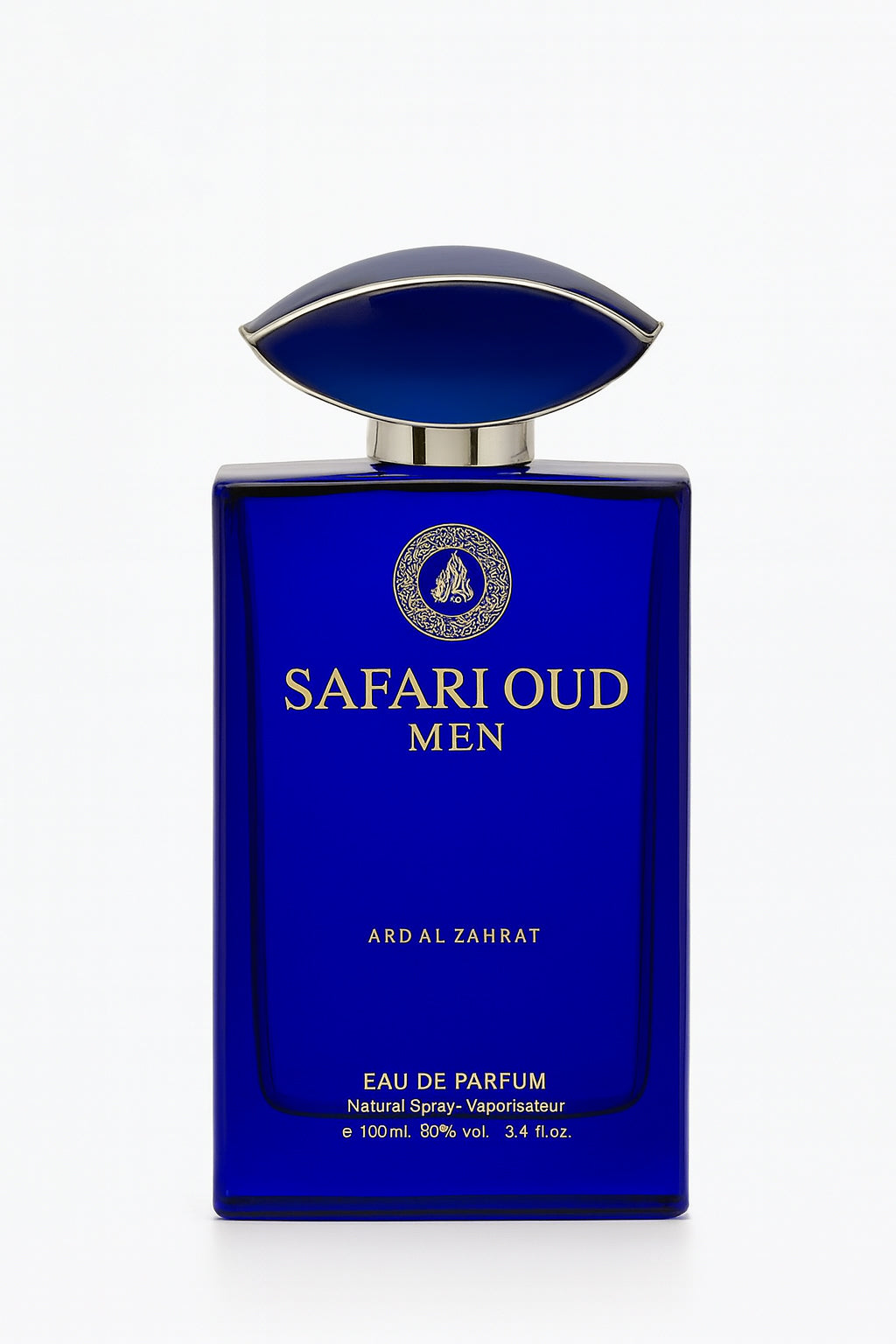 Blue perfume bottle labeled 'Safari Oud Men' by Ard Al Zahrat on a white background