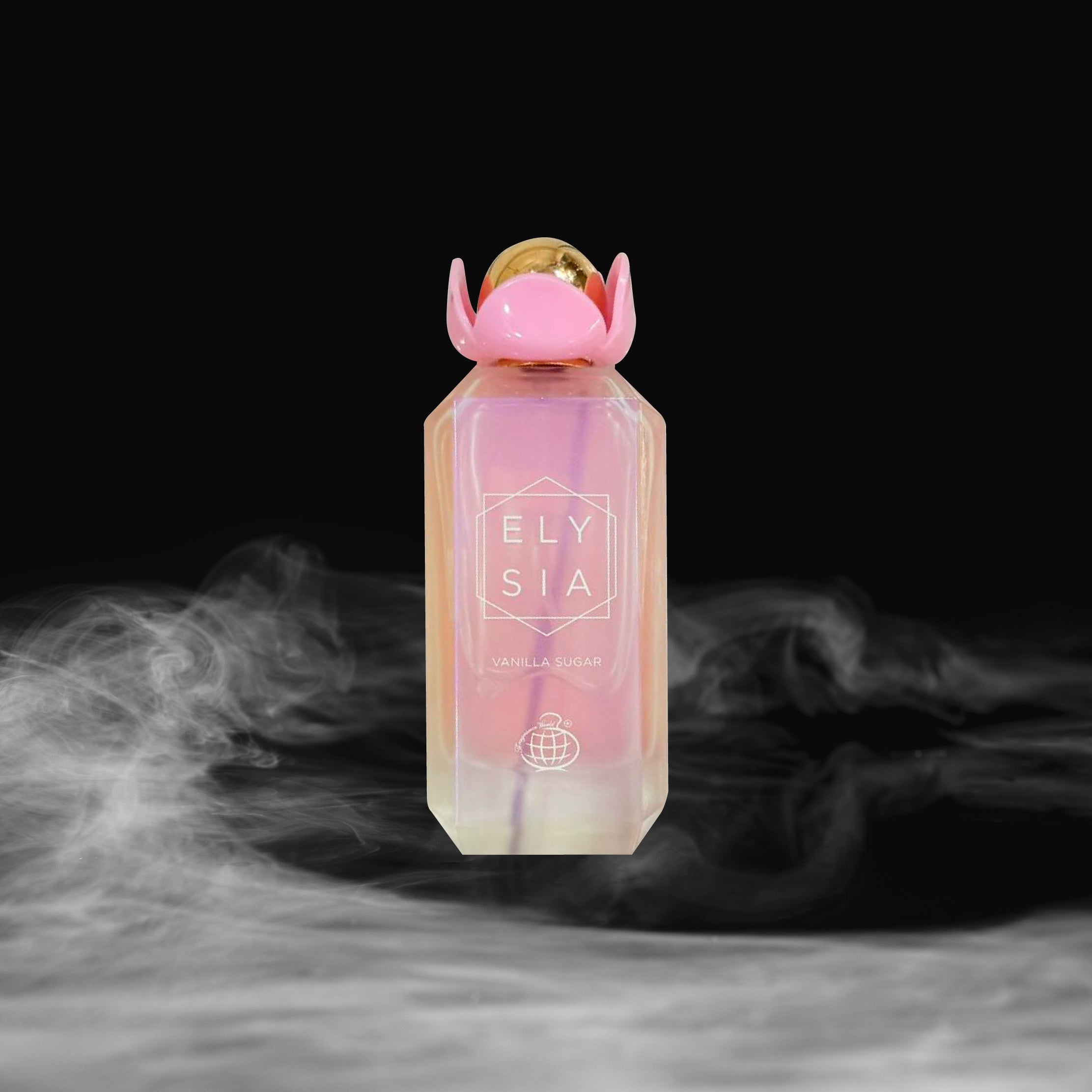 Elysia perfume bottle with pink cap on a dark background