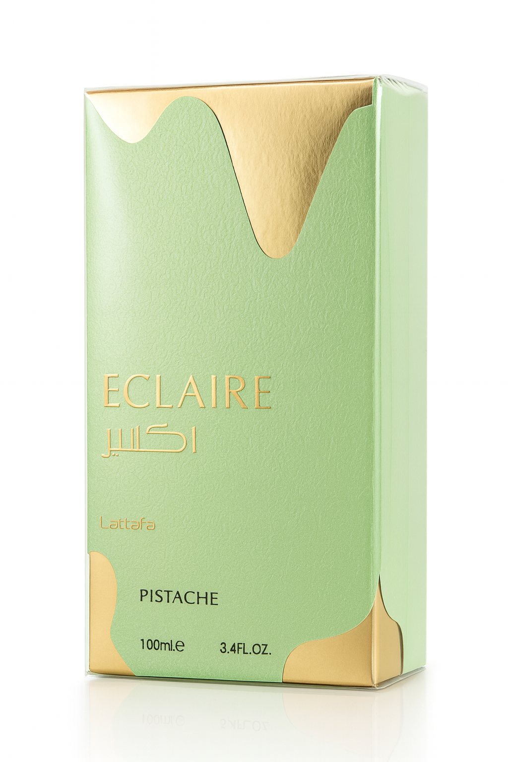 Eclaire Pistache perfume box with gold accents on a white background