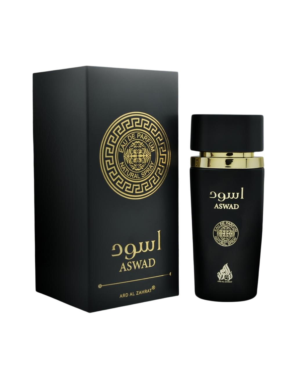 Black perfume bottle and packaging with gold accents on a white background