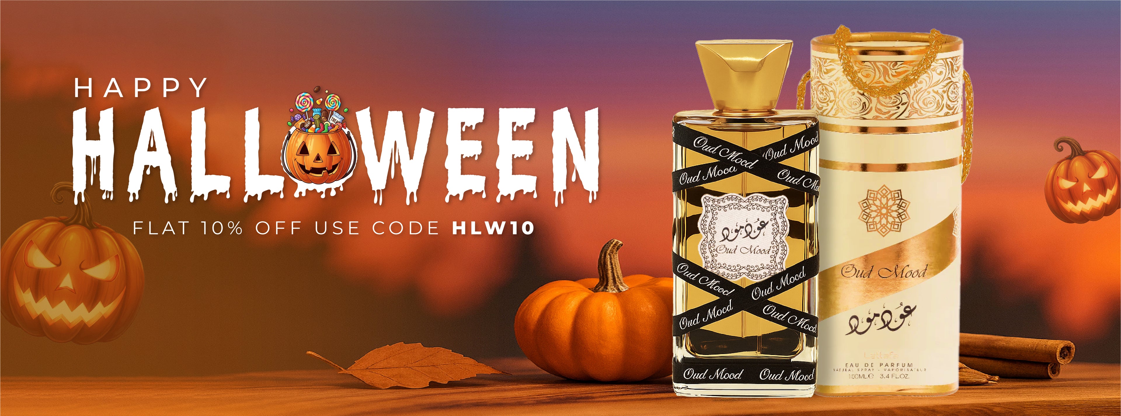 Halloween perfume sale – Oud Mood with pumpkins and 10% off code HLW10.