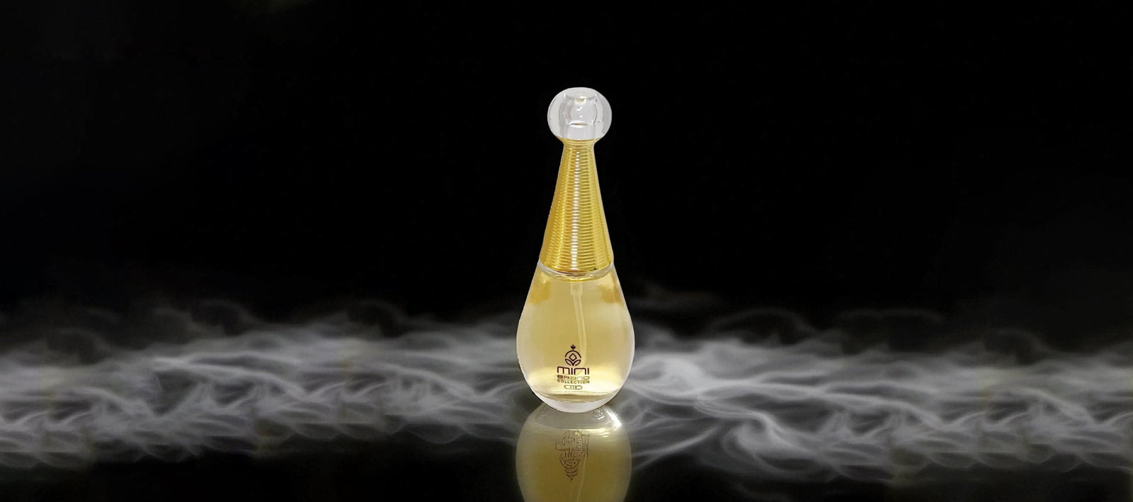 Perfume bottle with gold cap on a reflective surface with smoke effect