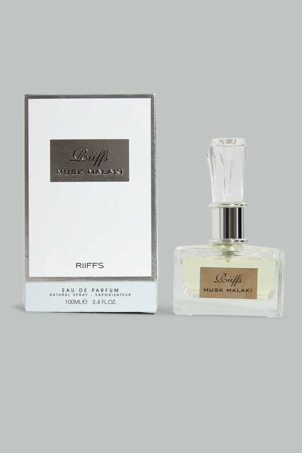 Perfume bottle and packaging with 'Riiffs' branding on a gray background