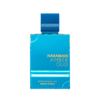 Blue perfume bottle labeled 'Haramain Amber Oud' on a white background