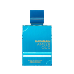 Blue perfume bottle labeled 'Haramain Amber Oud' on a white background