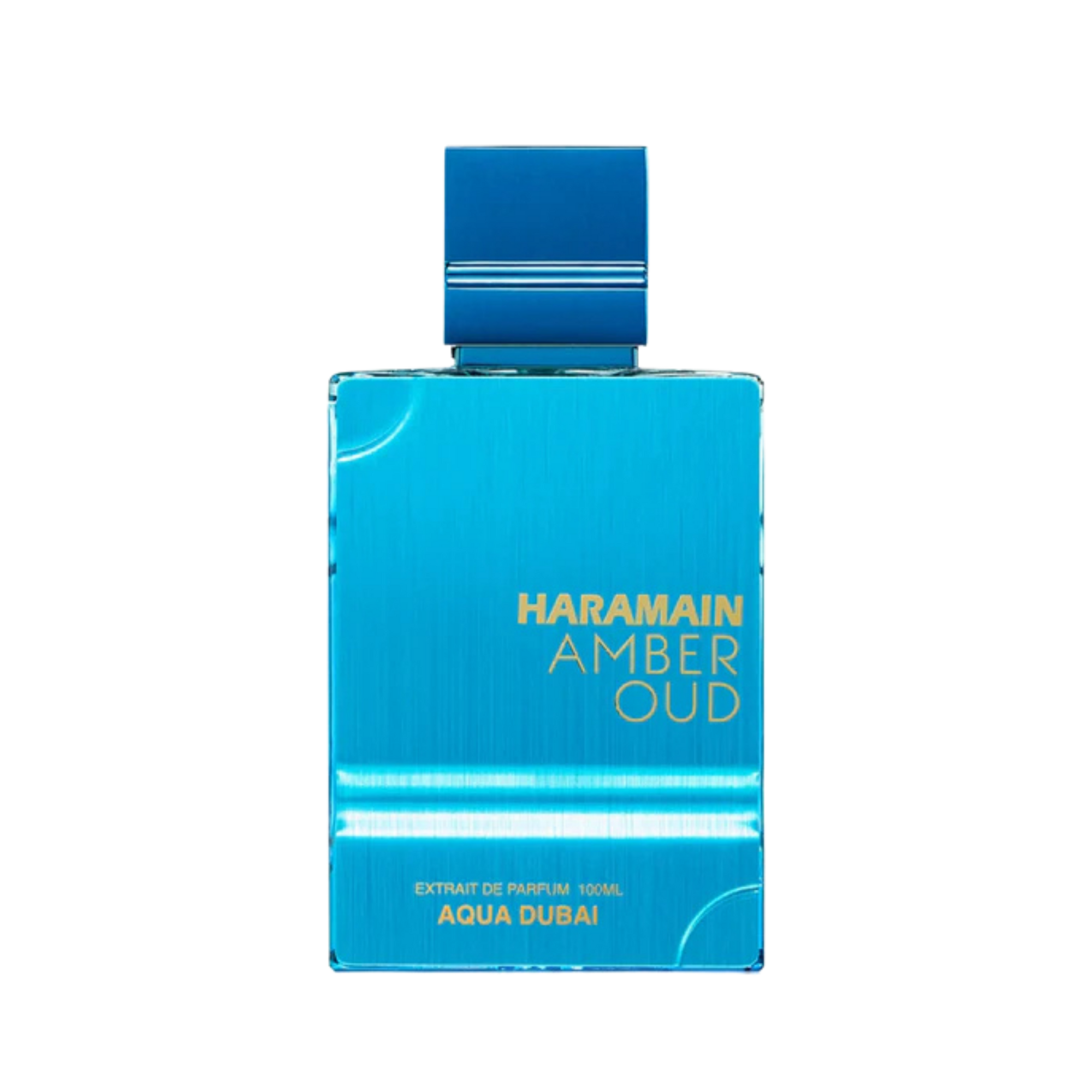 Blue perfume bottle labeled 'Haramain Amber Oud' on a white background