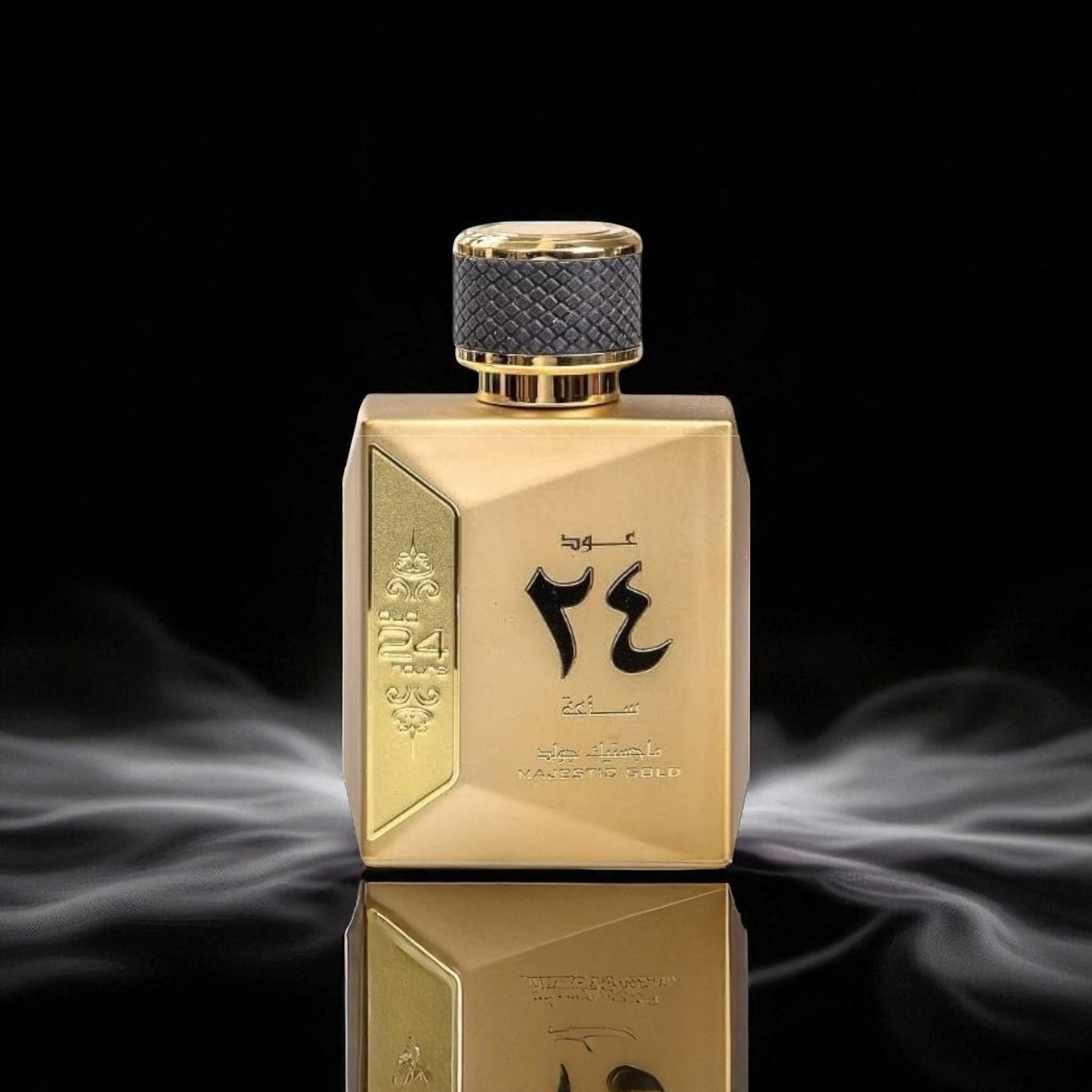 Gold perfume bottle with black text on a dark background