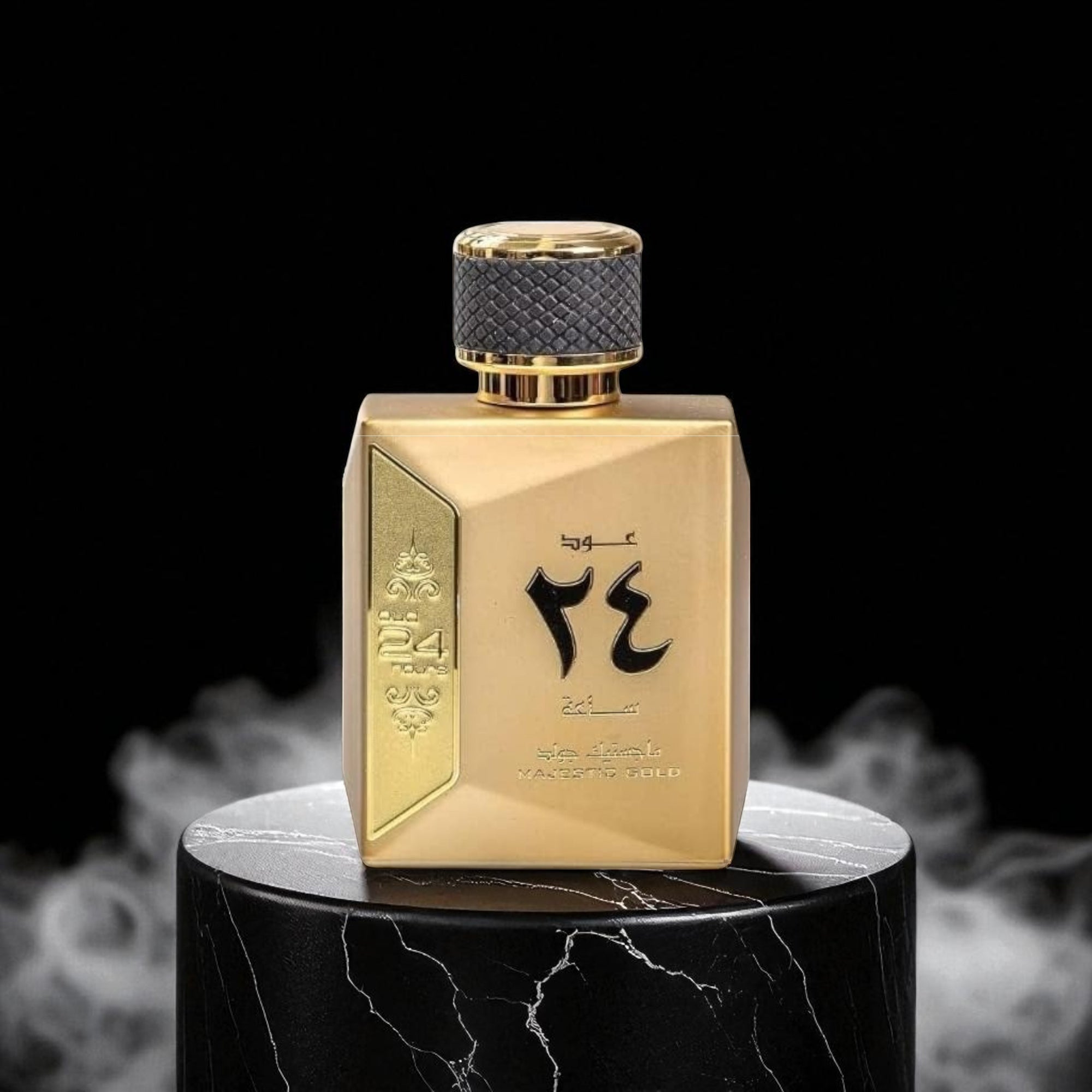 Gold perfume bottle with black design on a black marble stand against a dark background