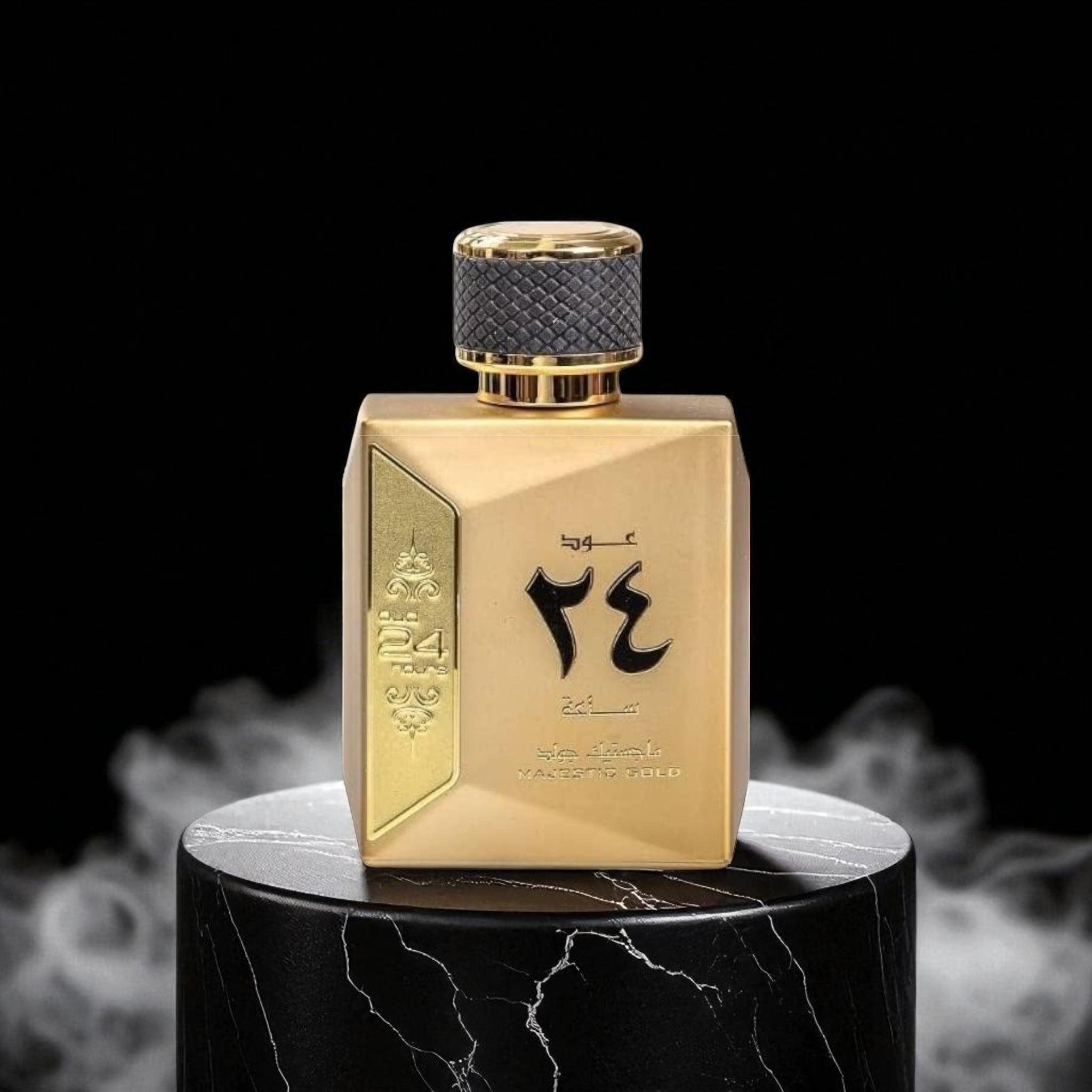 Gold perfume bottle with black design on a black marble stand against a dark background
