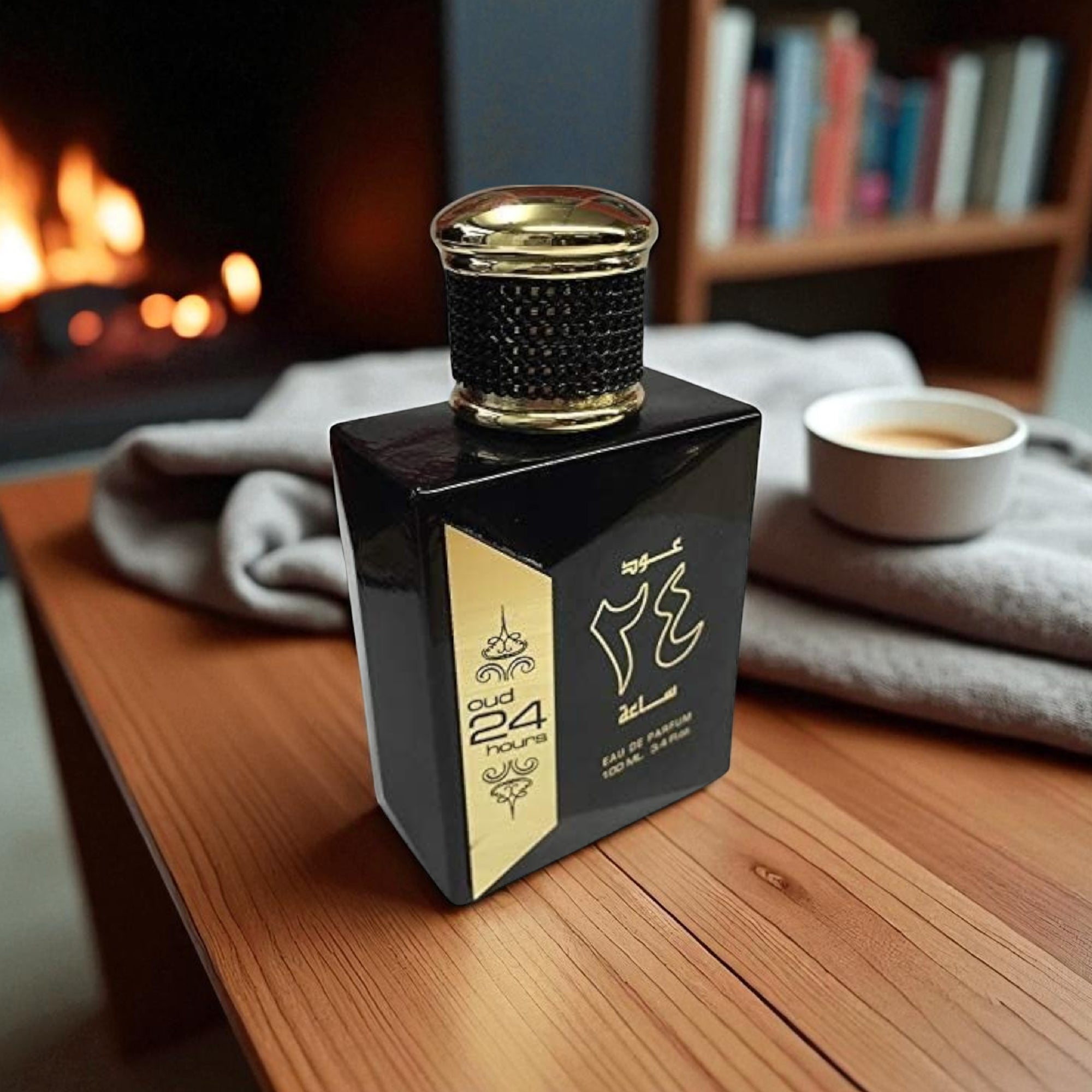 Black and gold perfume bottle on a wooden table with a fireplace and books in the background