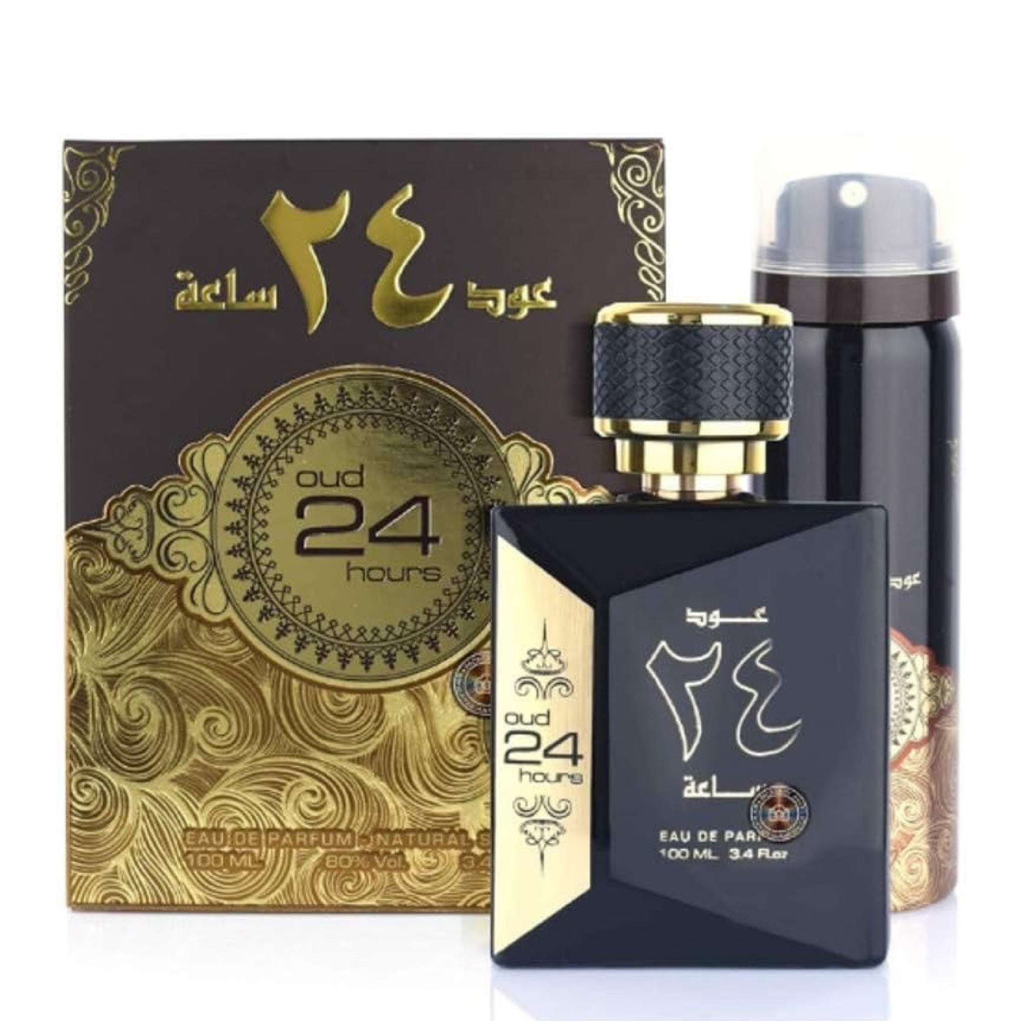 Oud 24 Hours perfume set with packaging on a white background