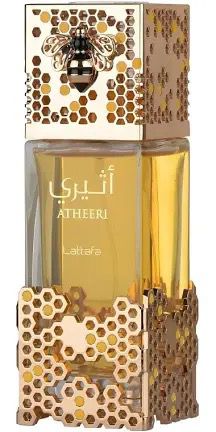Atheer perfume bottle with honeycomb design and bee on top, featuring the brand name 'Lattafa'.