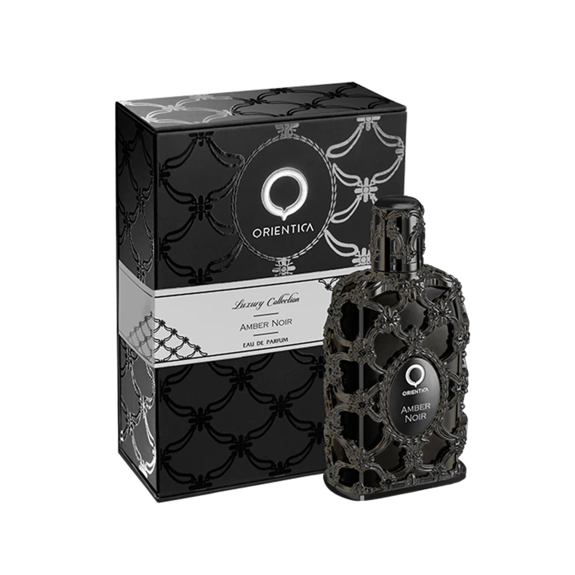 Orientica Amber Noir perfume bottle and packaging on a white background