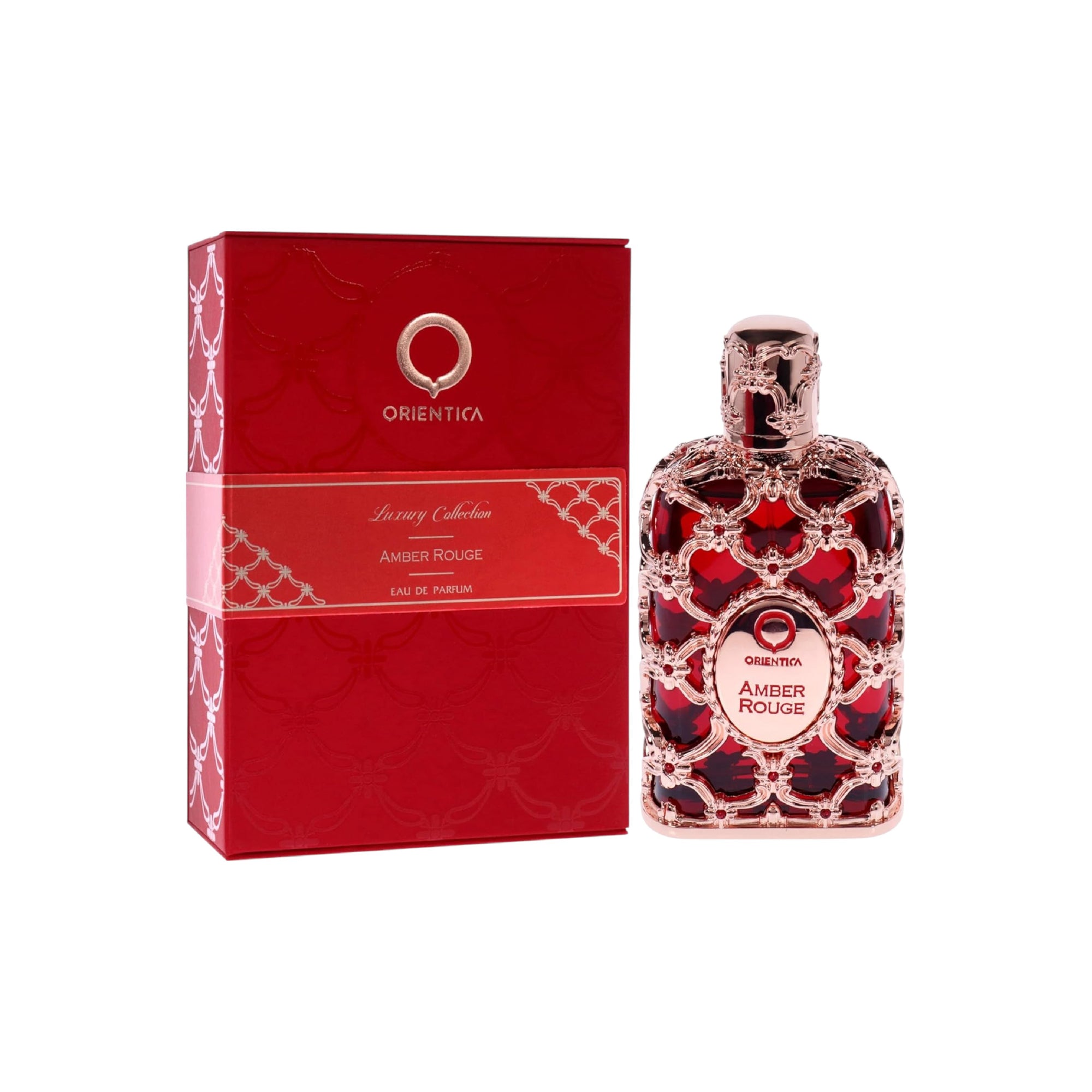 Oriental Amber Rouge perfume bottle and packaging on a white background