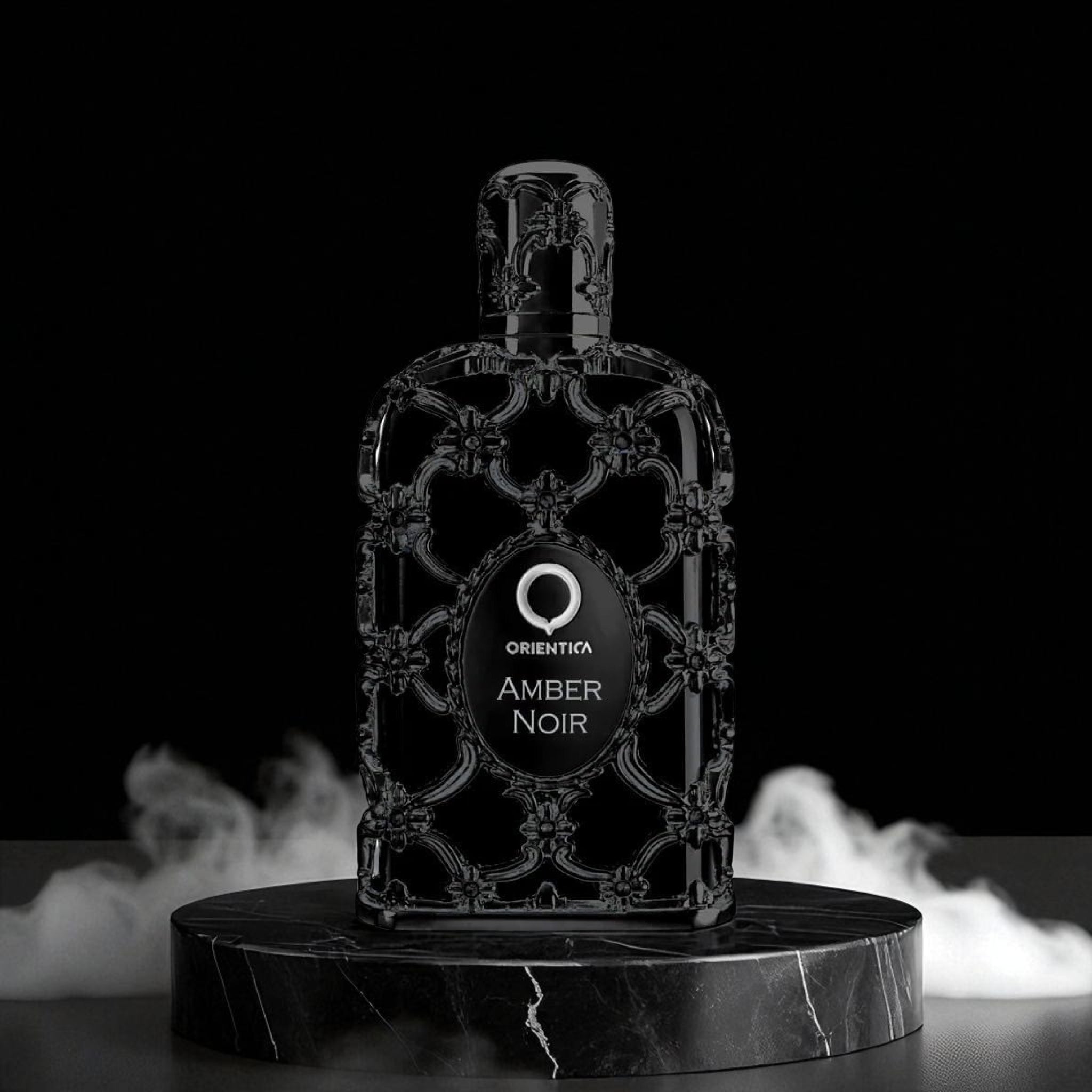 Oriental Amber Noir perfume bottle on a dark background
