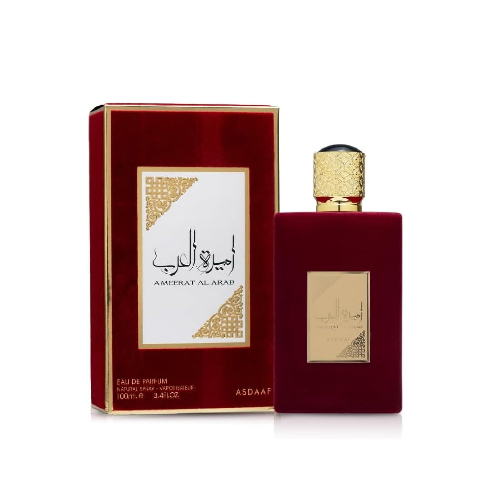 Red perfume bottle with gold accents and 'Ameerat Al Arab' branding on a white background