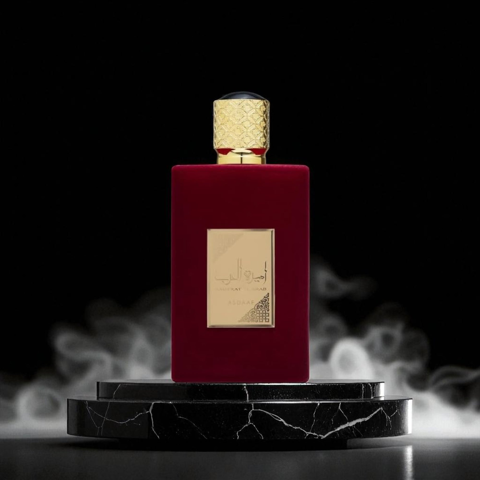 Red perfume bottle with gold cap on a black marble stand against a dark background with smoke effects.
