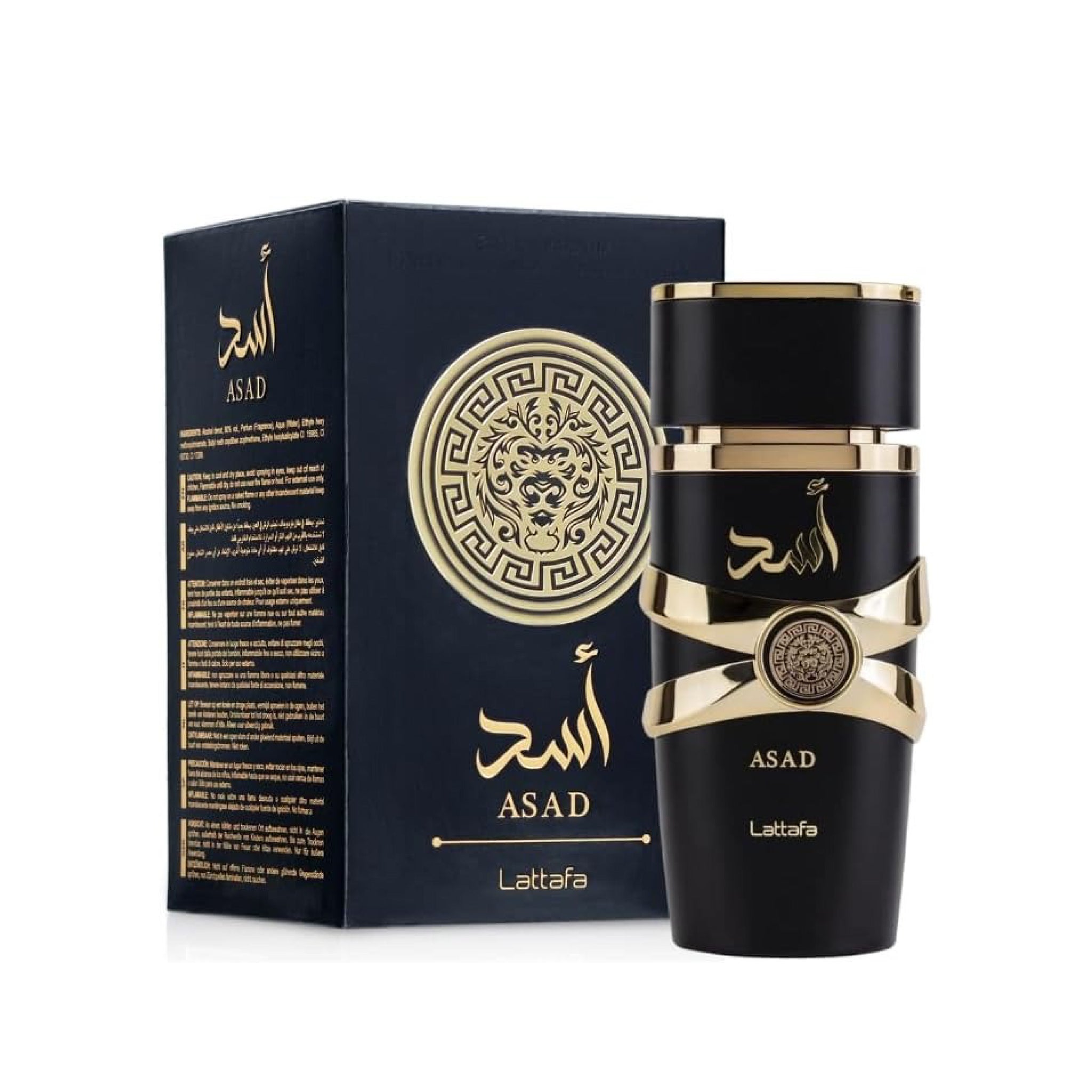Black and gold perfume bottle with packaging featuring 'Asad' branding on a white background