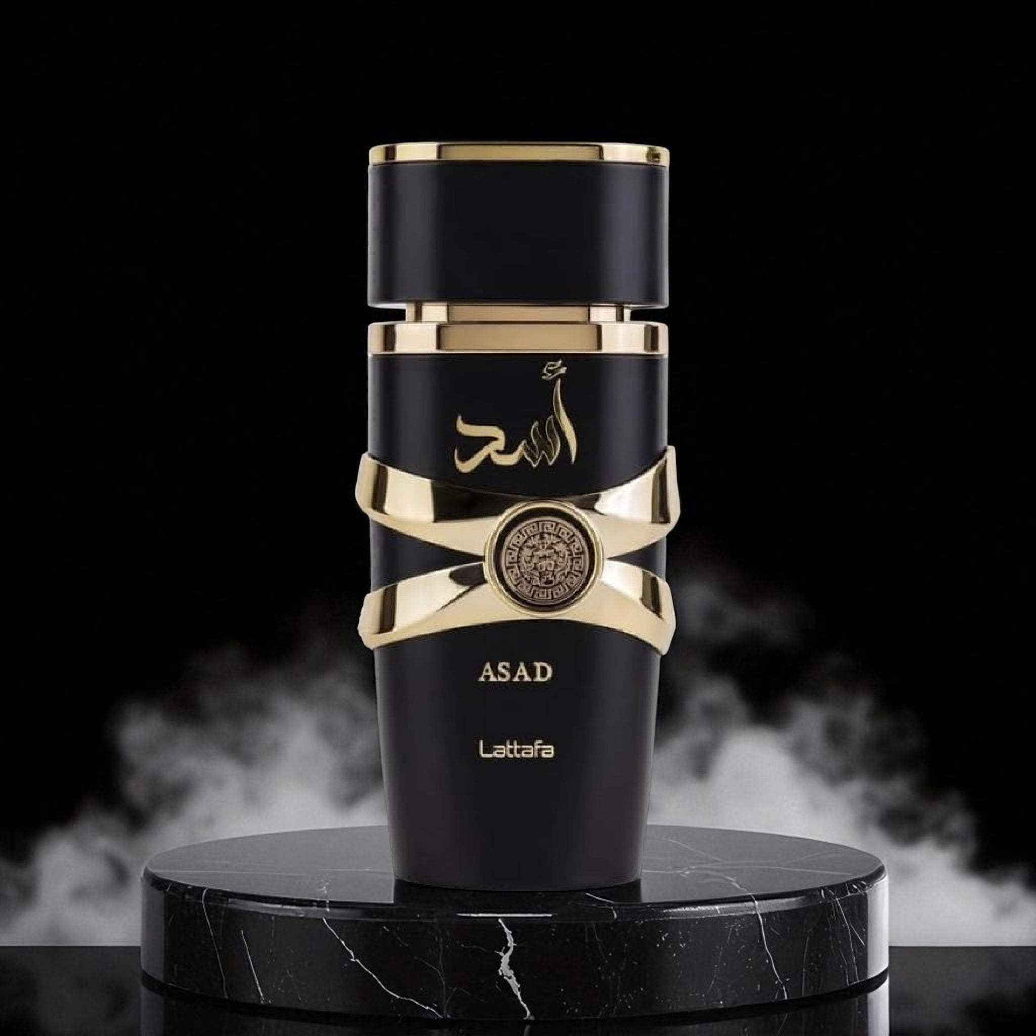 Black and gold perfume bottle with 'Lattafa' branding on a dark background