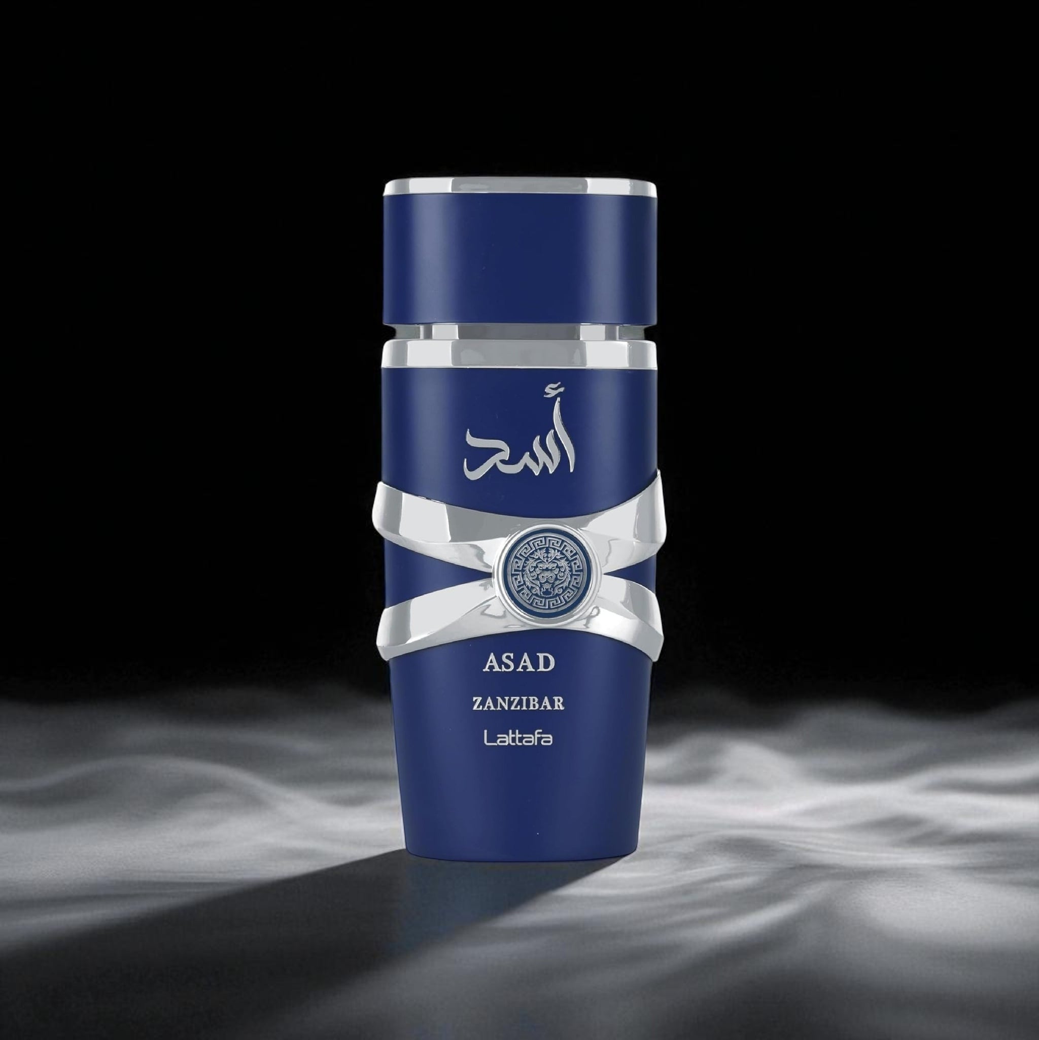 Blue bottle with silver accents on a dark background