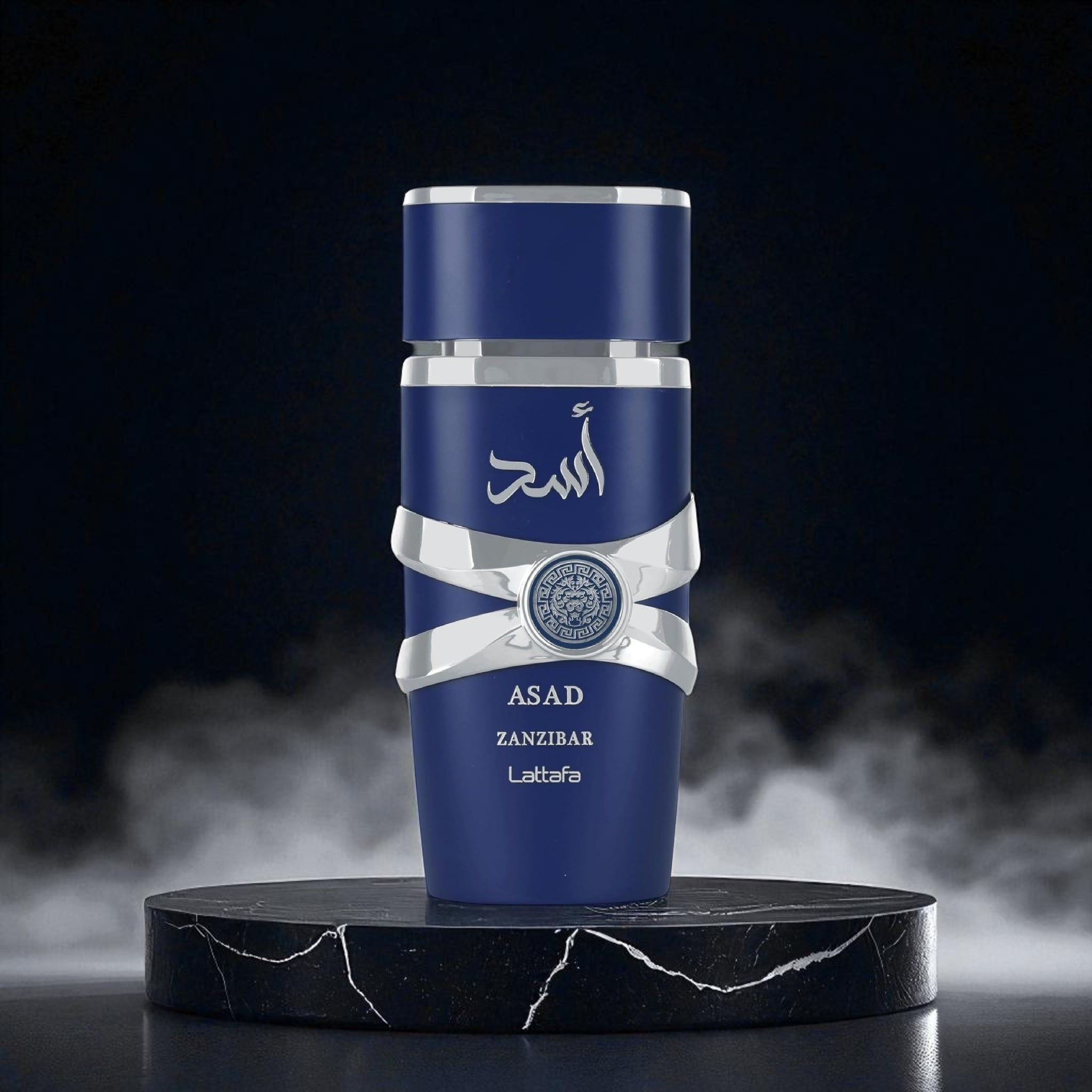 Blue bottle with white text on a dark background