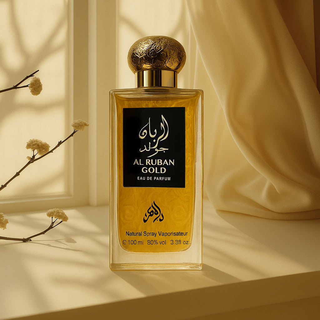 Al Ruban Gold Eau De Parfum 100ml – Arabian oud perfume for women and men in a gold bottle, featuring a rich, long-lasting fragrance.