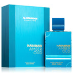 Blue Haramain Amber Oud perfume bottle and packaging on a white background
