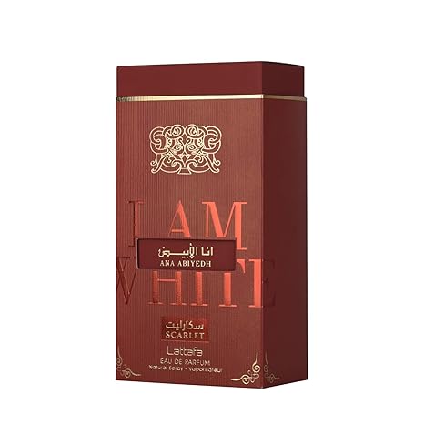 Red perfume box with gold accents featuring 'I AM WHITE' branding on a white background