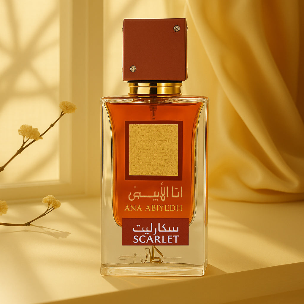 Perfume bottle labeled 'ANA ABIYEDH Scarlet' on a yellow background