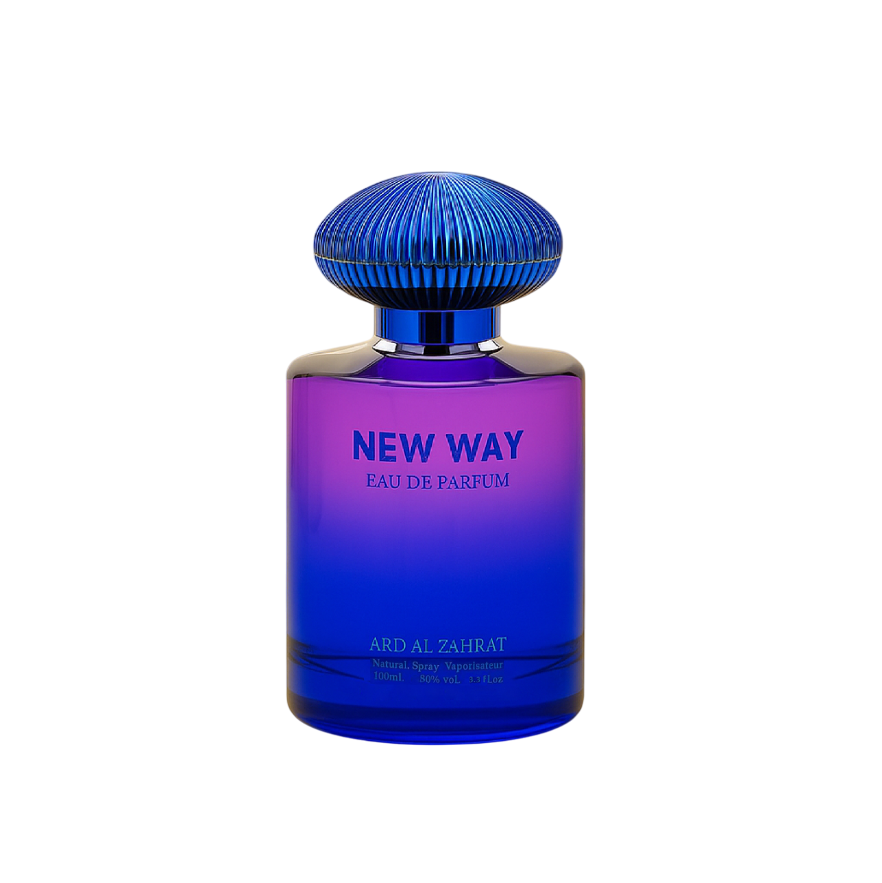 Blue and purple perfume bottle labeled 'New Way' on a white background