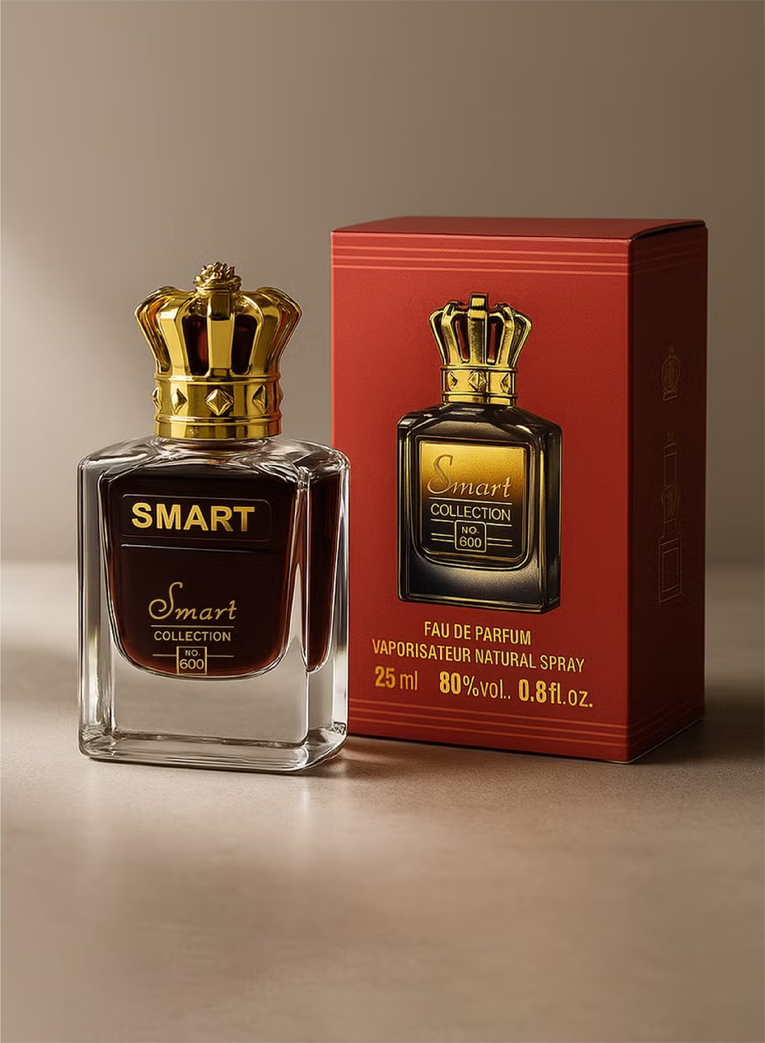 Smart perfume bottle and packaging on a beige background