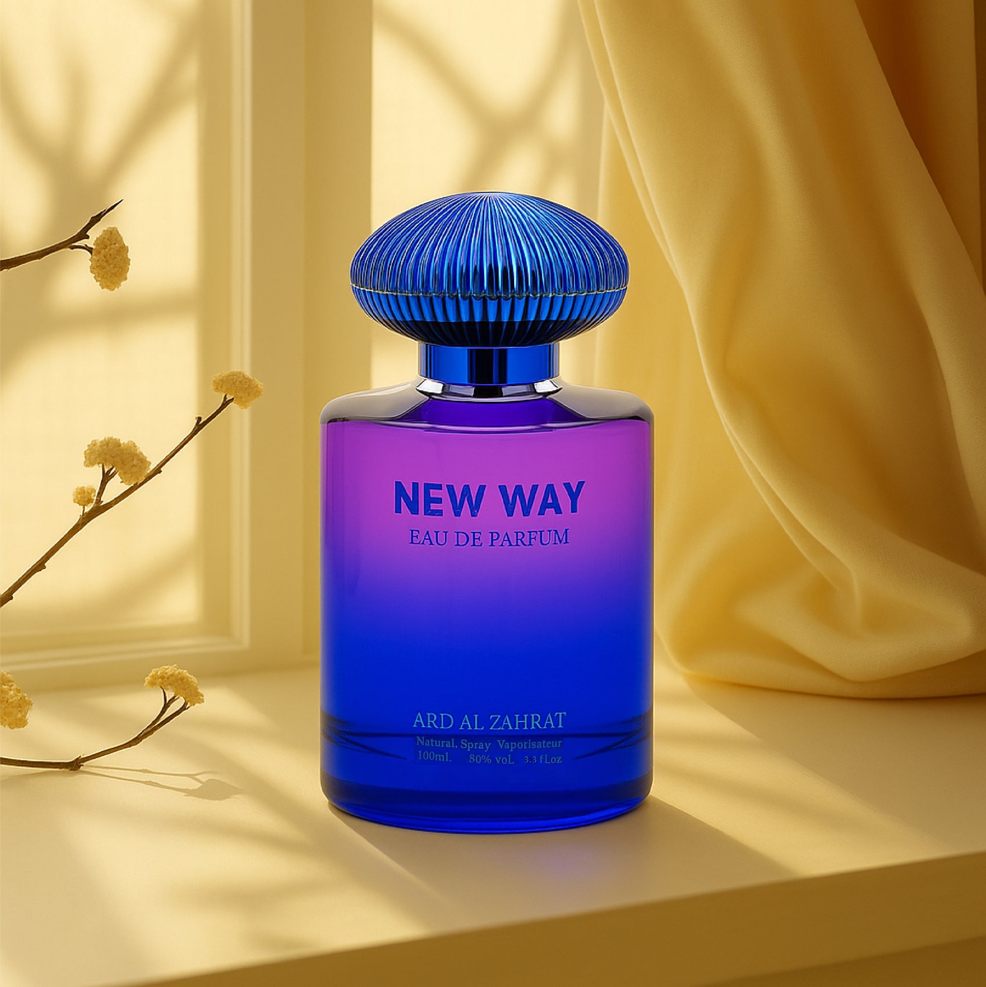 Blue perfume bottle labeled 'NEW WAY' on a yellow background