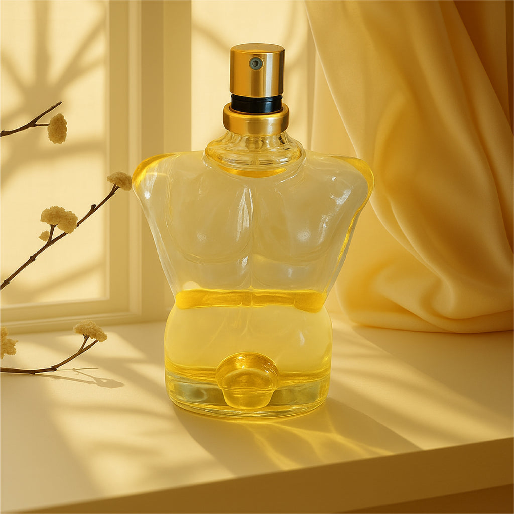 Clear glass bottle with gold cap on a light background