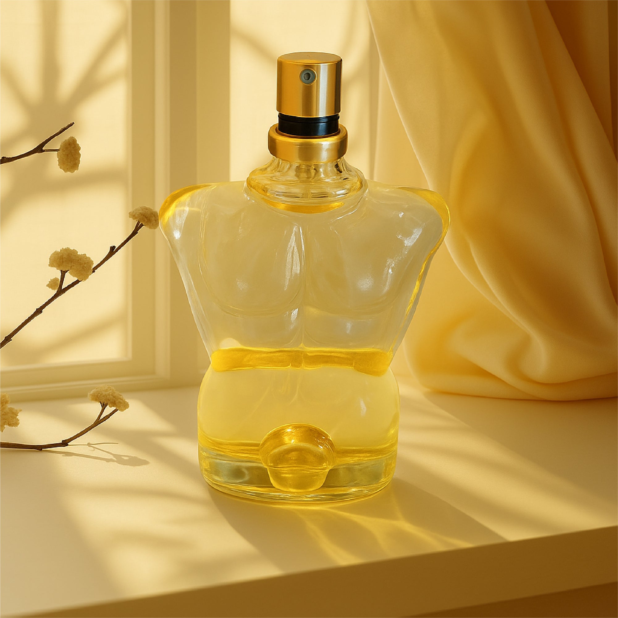 Clear glass bottle with gold cap on a light background