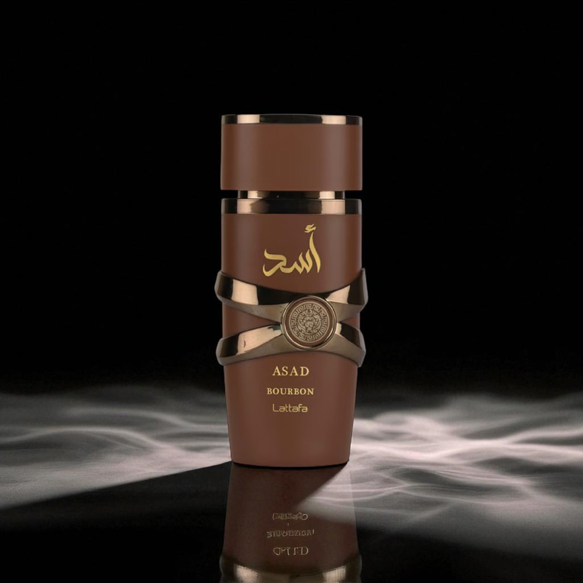 Brown bottle with gold accents on a dark background