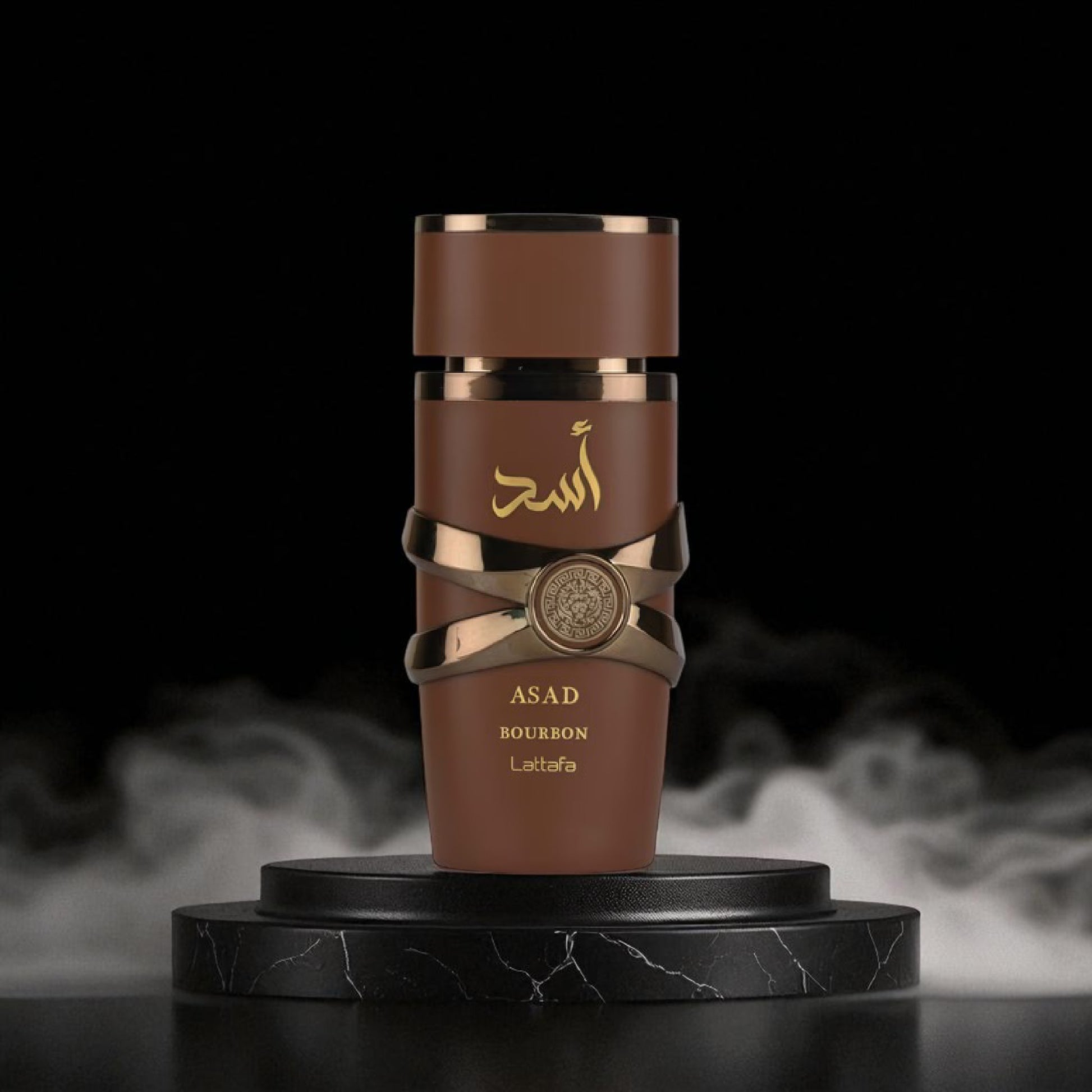 Brown and gold perfume bottle on a black platform with a dark background