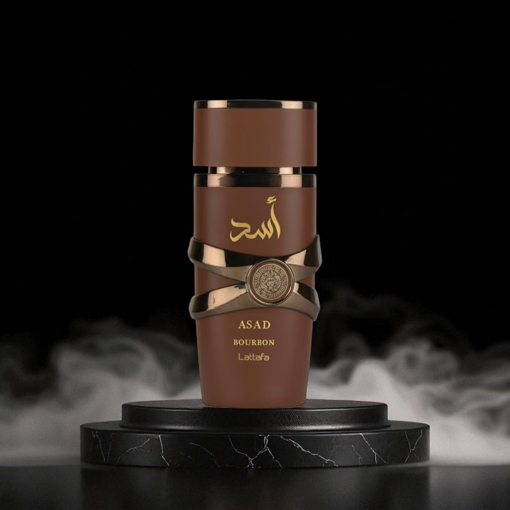 Brown and gold perfume bottle on a black platform with a dark background