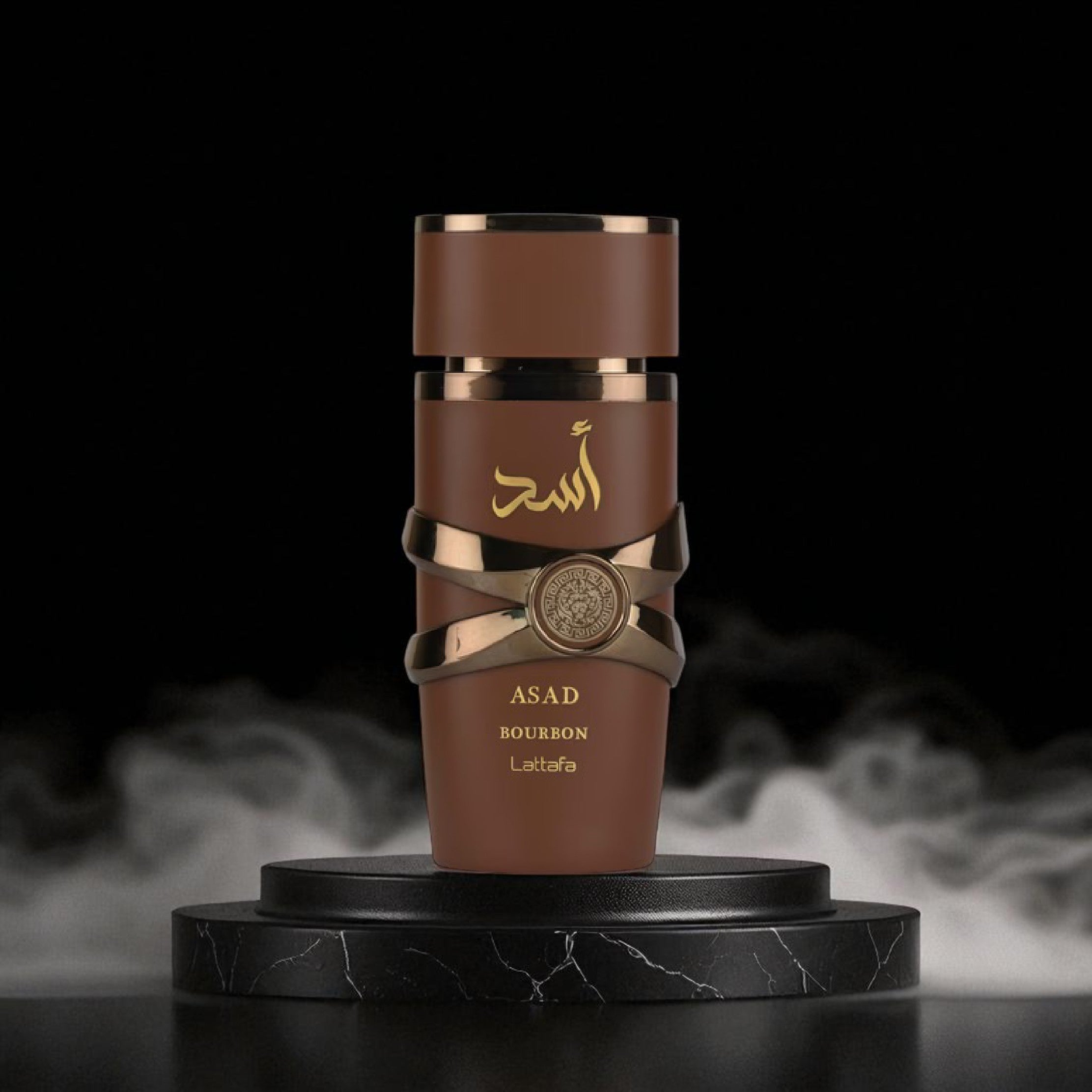 Brown and gold perfume bottle on a black platform with a dark background