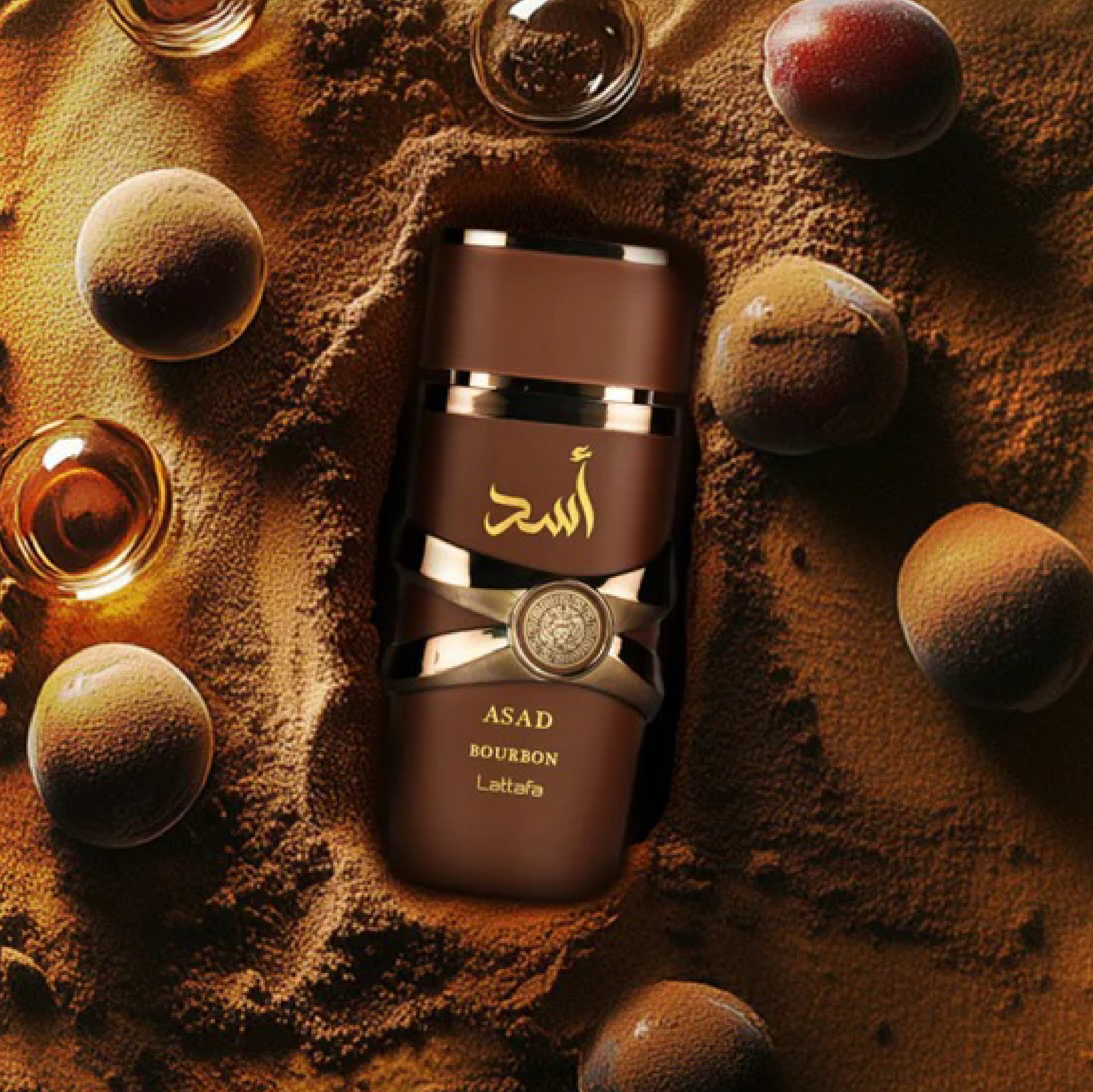 Asad Bourbon Lattaq perfume bottle surrounded by chocolate truffles on a brown background