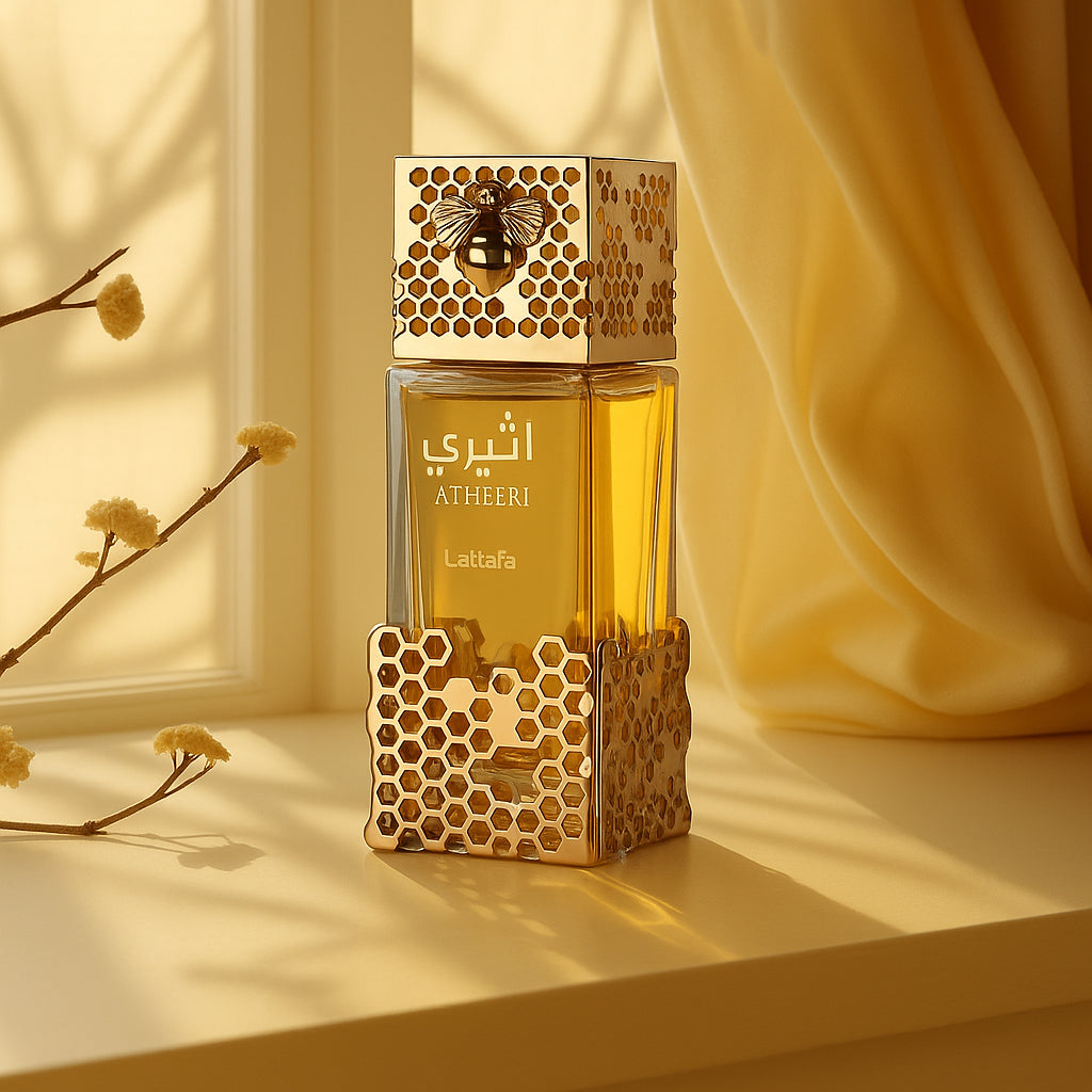 Perfume bottle with honeycomb design on a light background