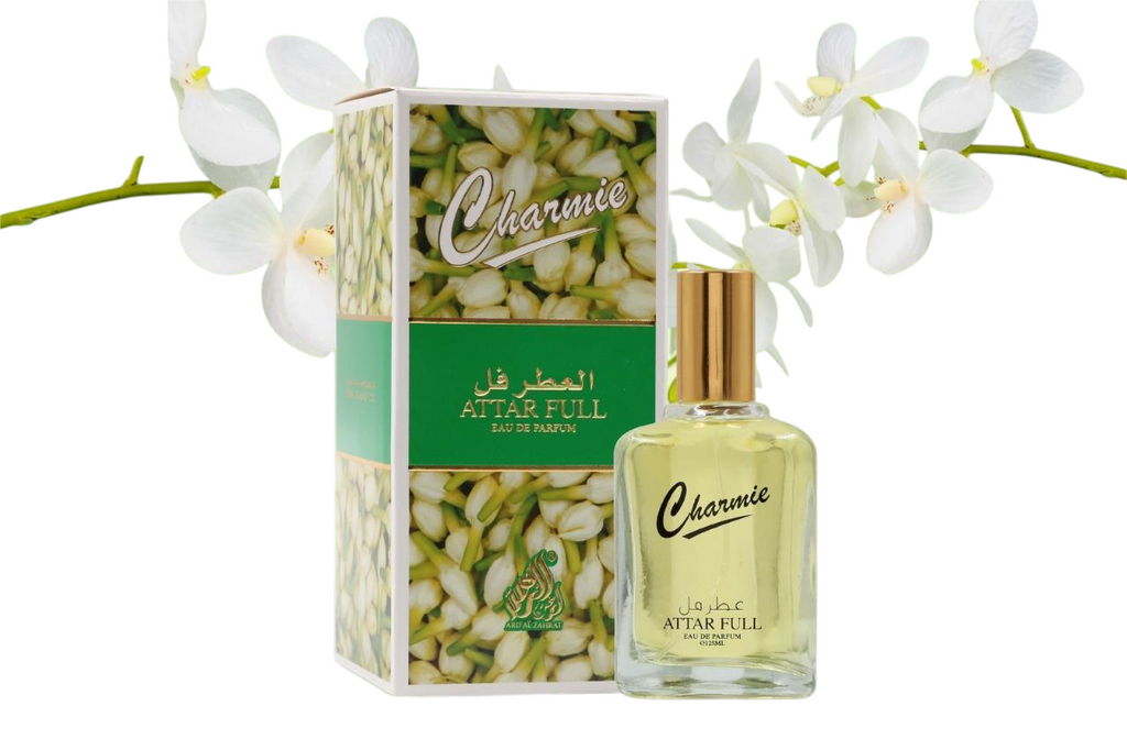 Perfume bottle and packaging with 'Charmie' branding on a white background with flowers.