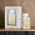Perfume bottle with gold designs and 'Honor & Glory' text on a brown background