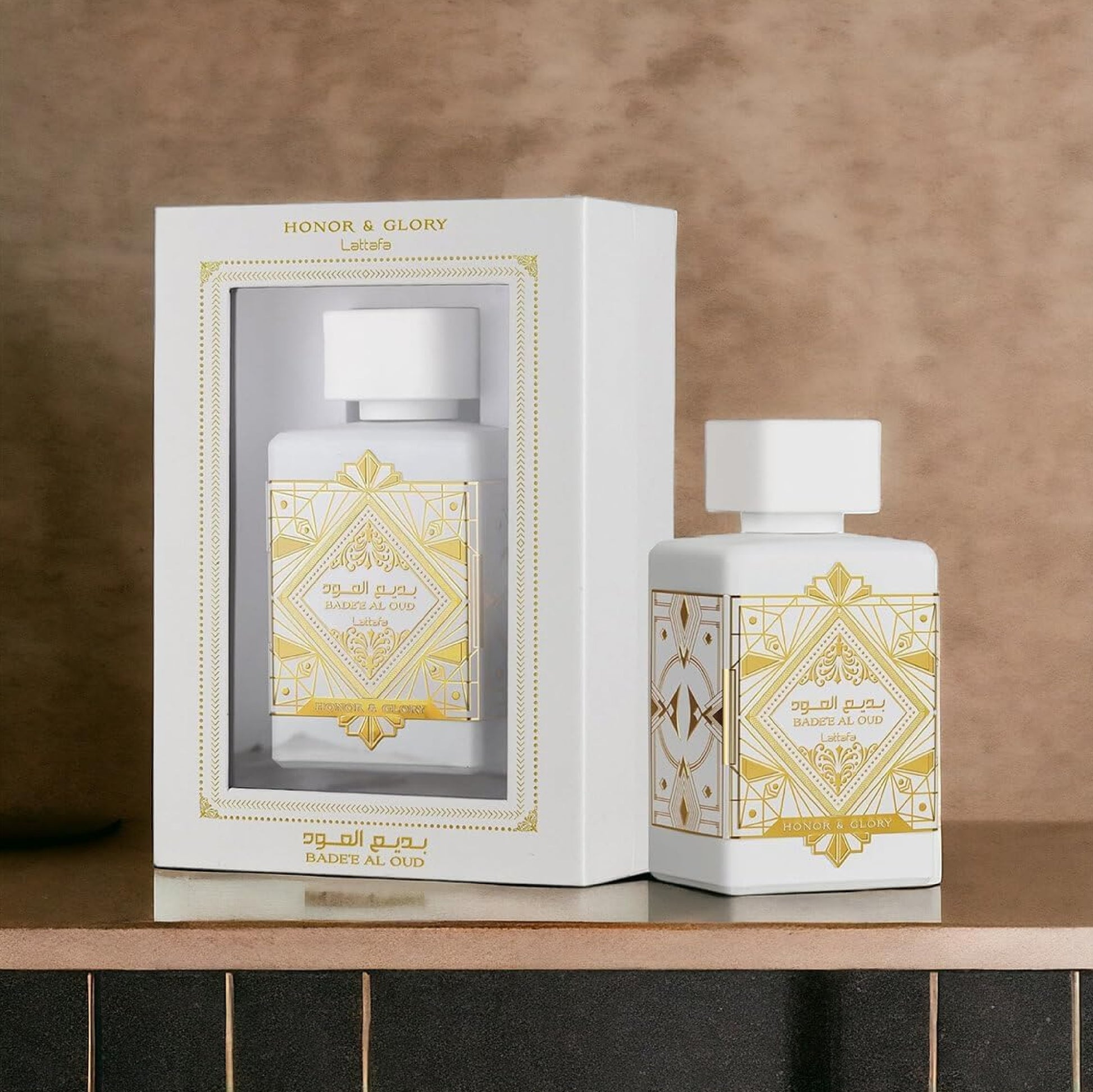Perfume bottle with gold designs and 'Honor & Glory' text on a brown background