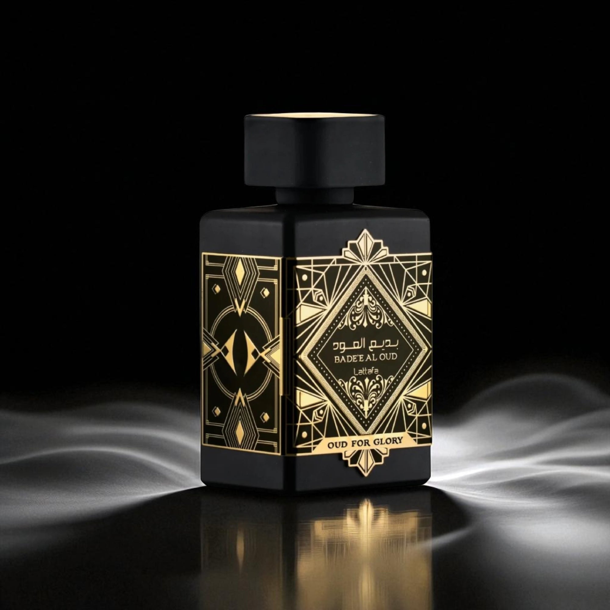 Black perfume bottle with gold decorative elements on a black background