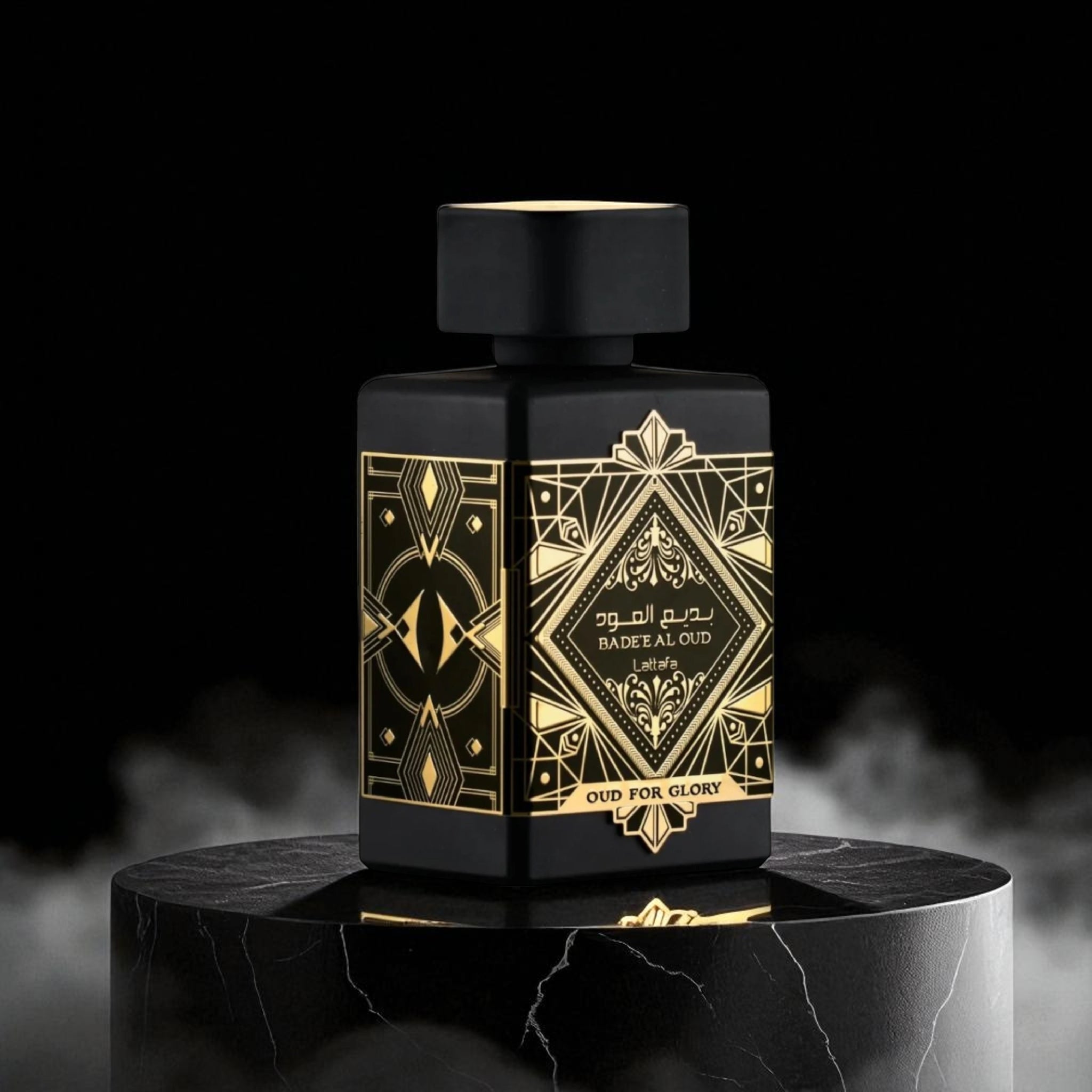 Black perfume bottle with gold detailing on a black background